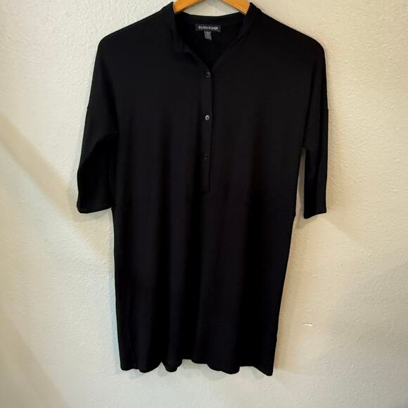 EILEEN FISHER Women's 3/4 Sleeve Mock Neck 1/2 Button Front Tunic Top Black XXS - Picture 1 of 9